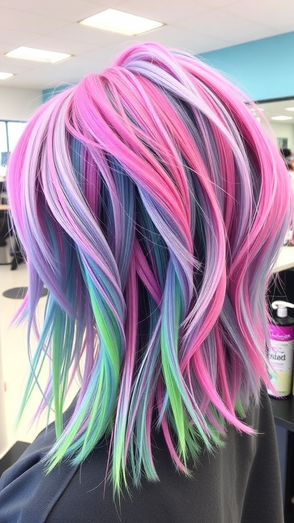 Vibrant hair colors in pastel pink, electric blue, and neon green styled in a textured crusty effect.